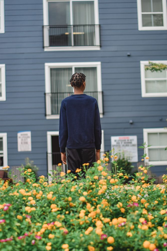 Man in a navy sweater from behind beside orange flowers